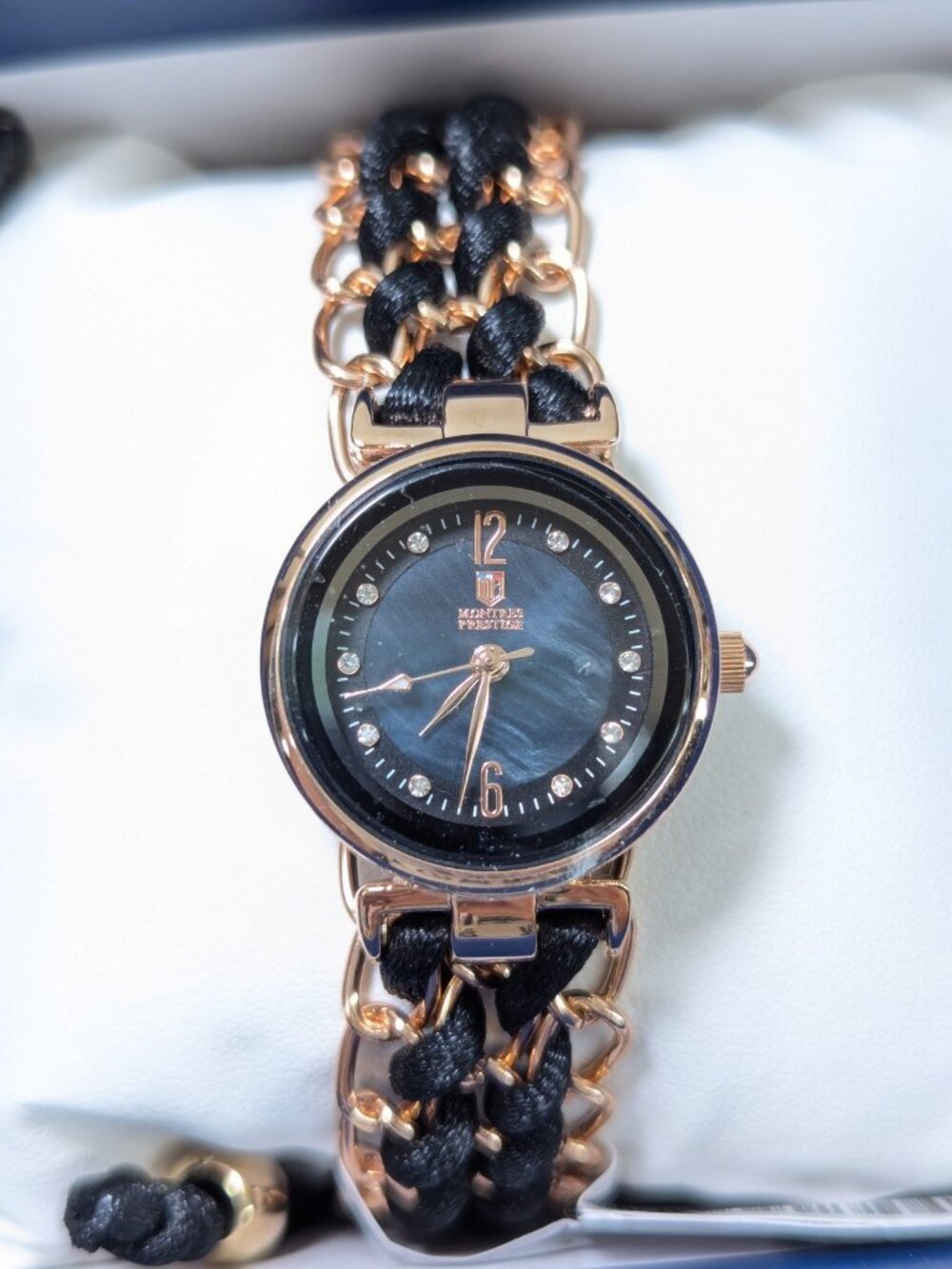 Montres Prestige Women's Rose Gold Black Mother of Pearl Dial Bracelet Watch 25m